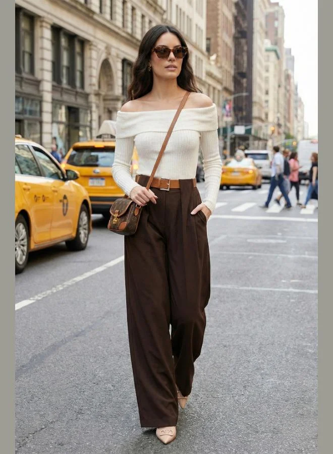 ليلا بنطلون نسائي واسع الساق بخصر عالٍ مع حزام